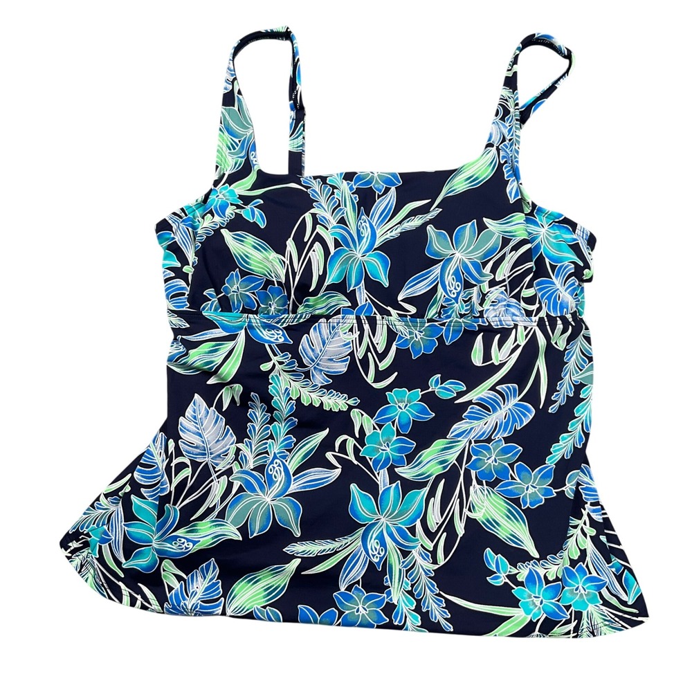 Lands' End Tankini Top Womens 14 Navy Blue Floral Tropical Floral Resort Summer